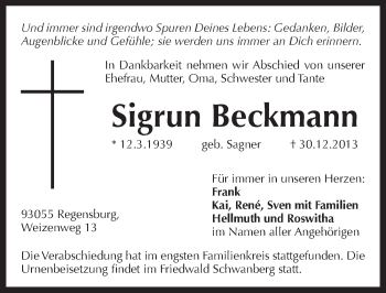 Traueranzeige von Sigrun Beckmann von Pegnitz-Zeitung